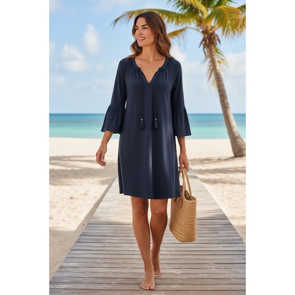 Lilly Pulitzer Dress Navy Blue Bell Sleeve Tassel V Neck Size Small S Vacation